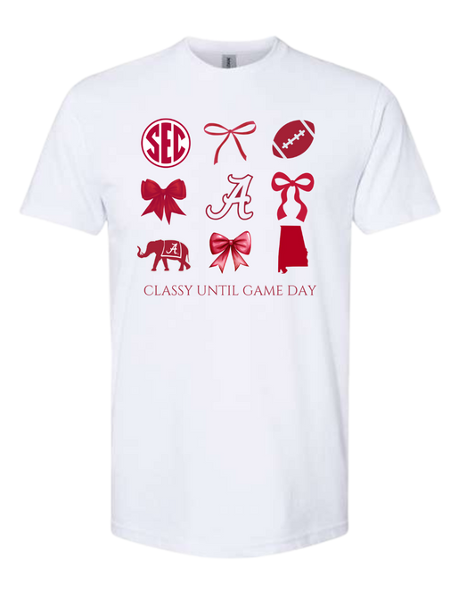 Alabama-Classy Until Game Day T-shirt with game day icons and 'Classy Until Game Day' text.