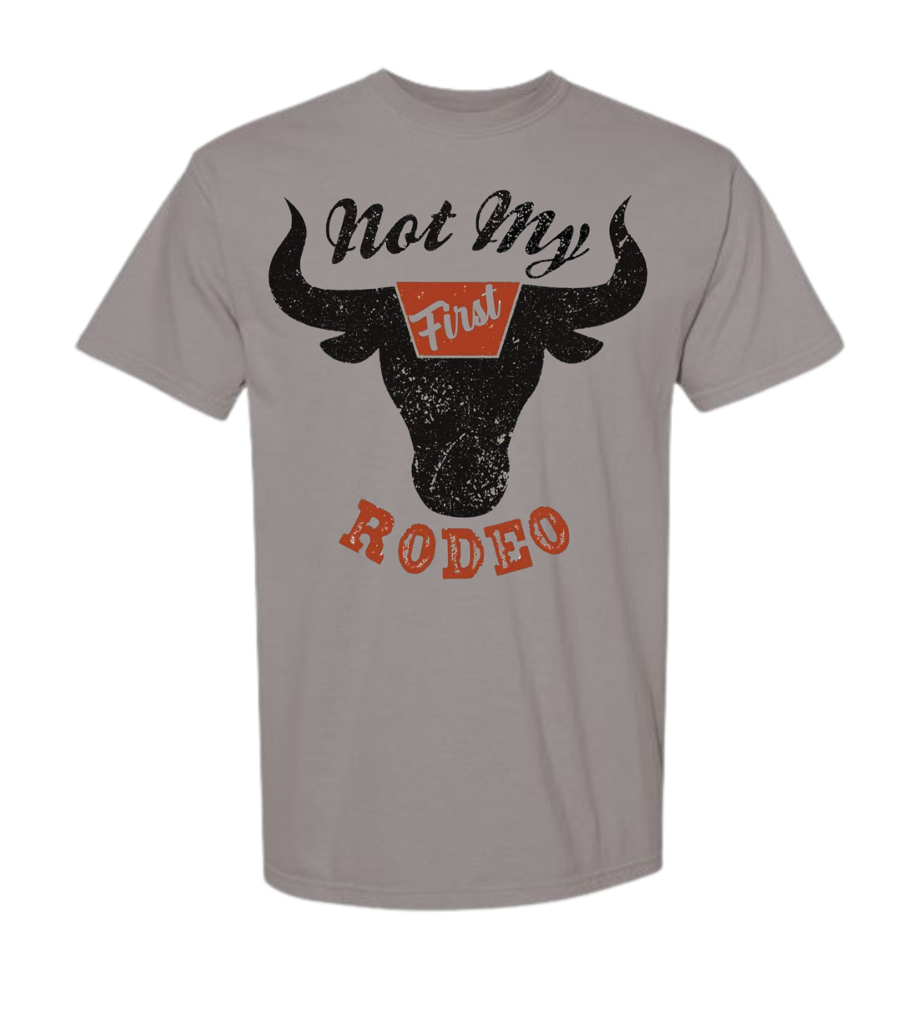 Not My First Rodeo t-shirt with cowboy graphic, Comfort Color brand.