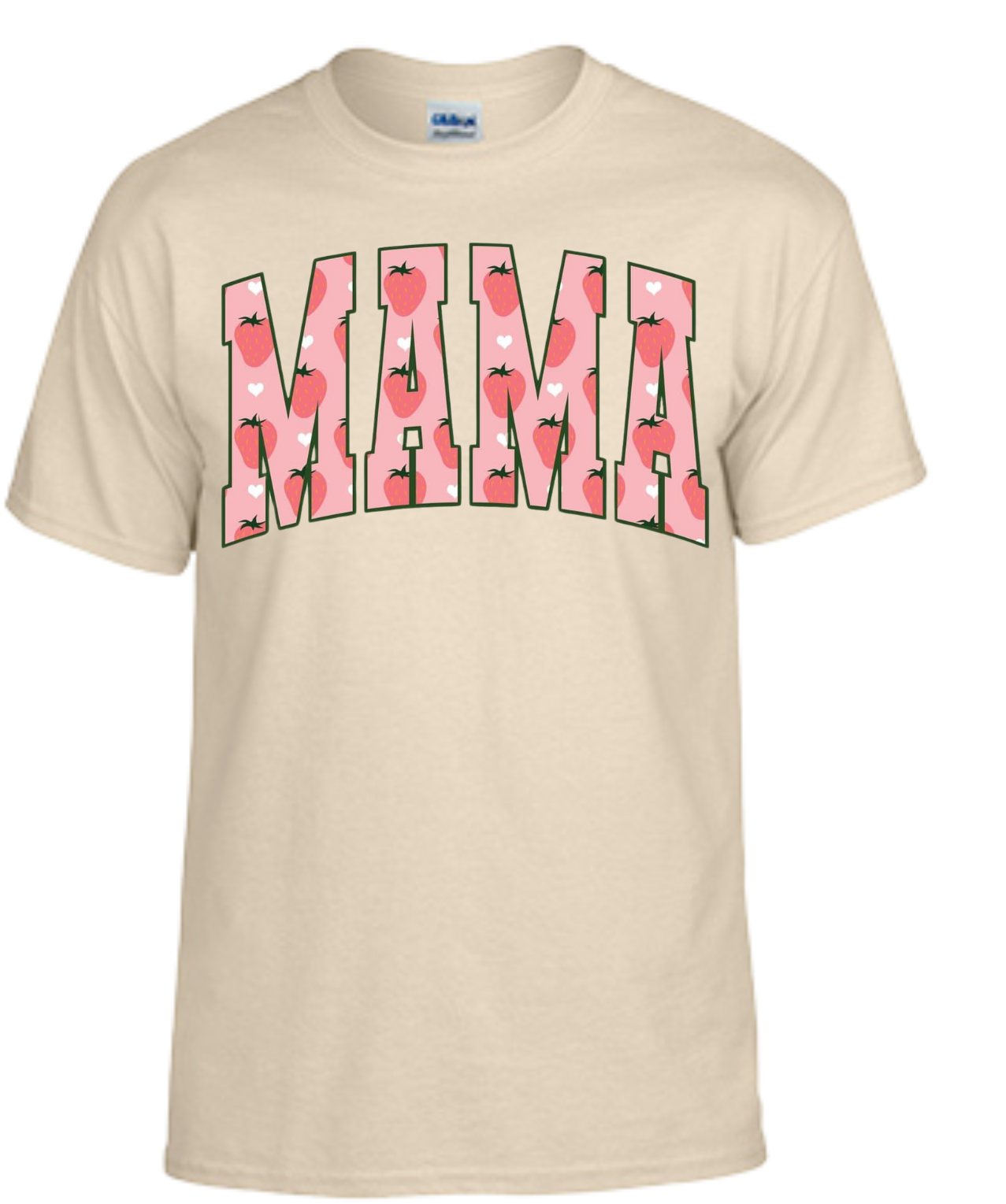 Mama Shirt with playful strawberry design on beige fabric, ideal for stylish moms.