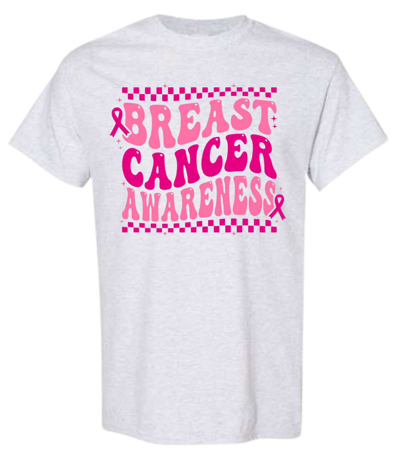White Breast Cancer Awareness shirt with pink lettering and ribbons.