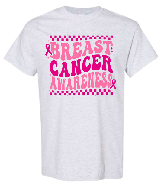 White Breast Cancer Awareness shirt with pink lettering and ribbons.