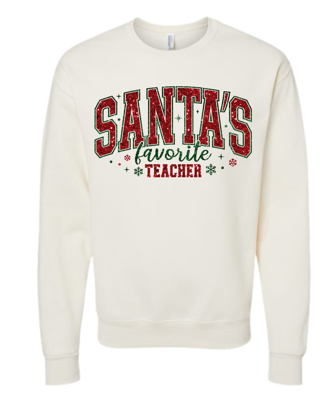 Santa's Favorite Teacher festive holiday shirt with red and green lettering.