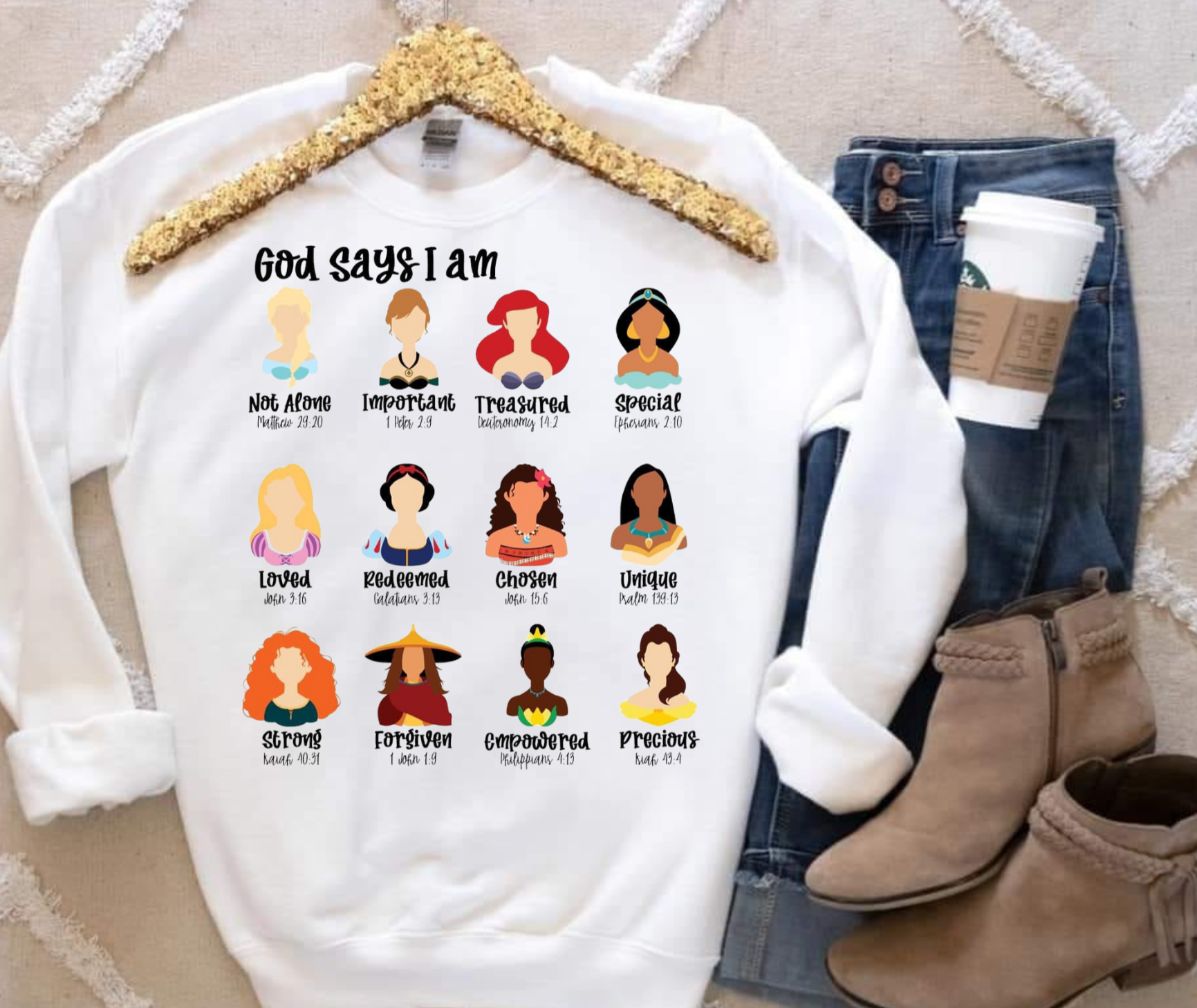 Gildan sweatshirt with "God Says I Am" message and colorful illustrations.