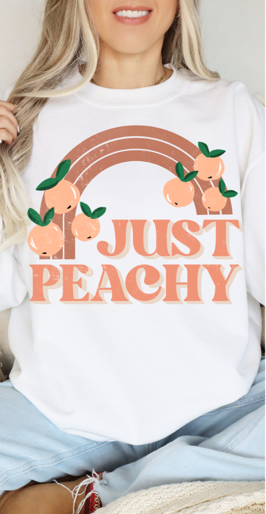 Just Peachy t-shirt with whimsical peach design and text.