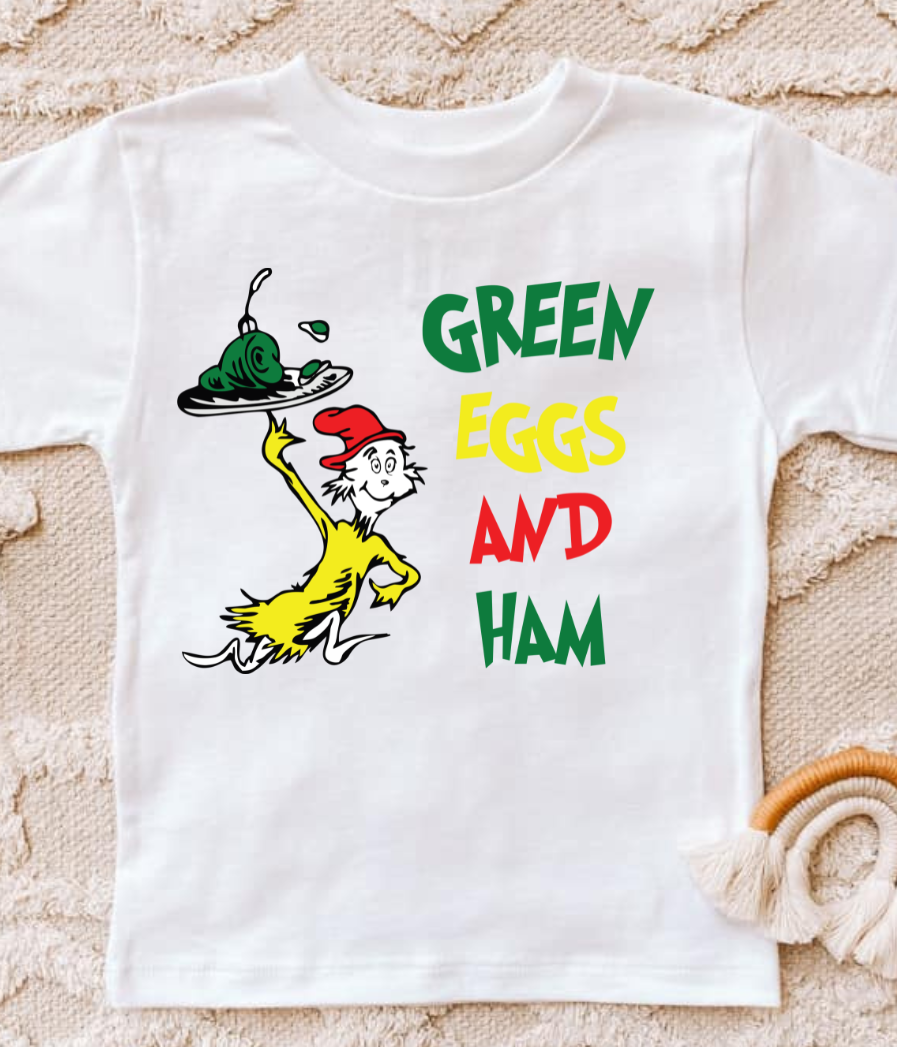 T-shirt with 'Green Eggs and Ham' design in bold colors.