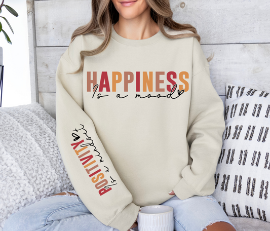 Sweatshirt with "Happiness Is A Mood, Positivity Is A Mindset" text, Gildan brand.