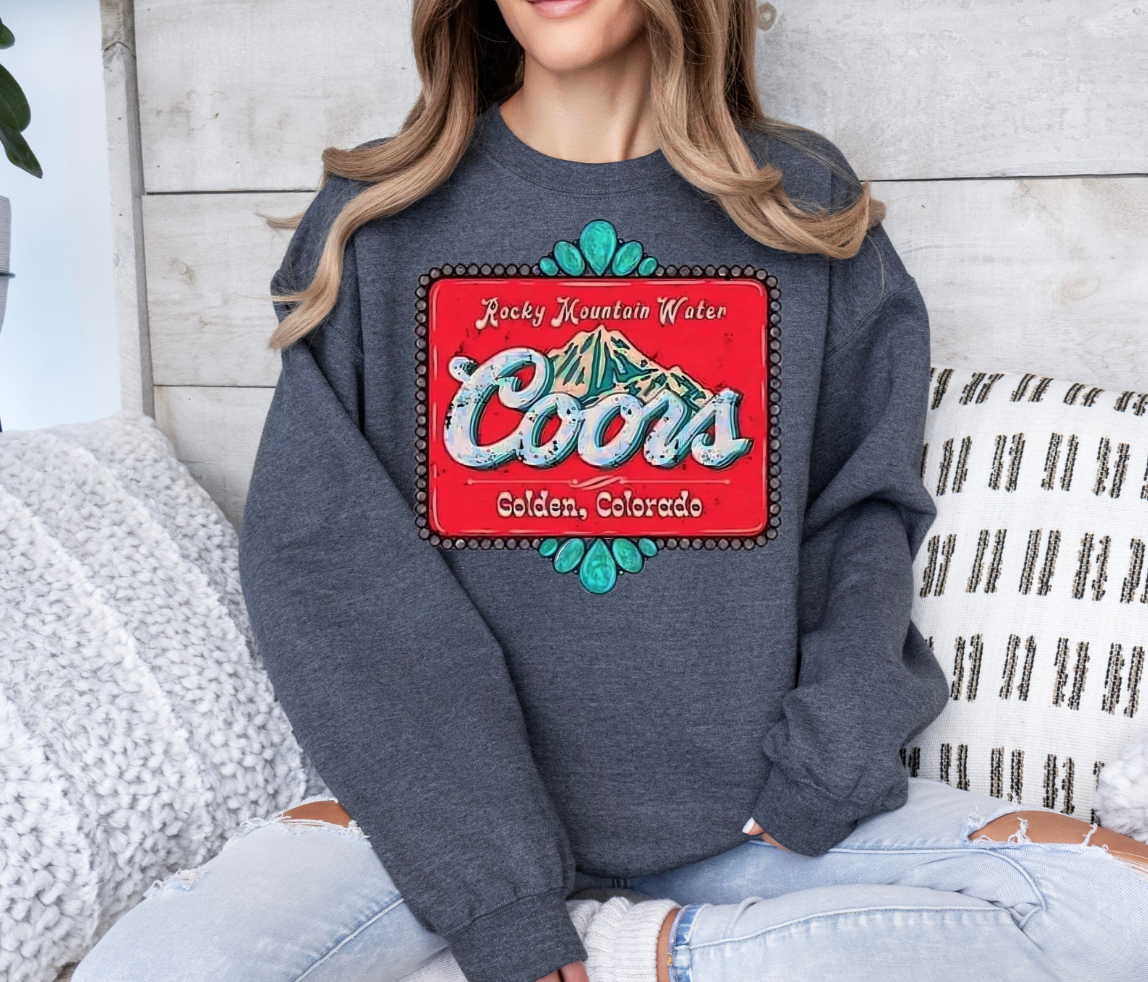 Coors sweatshirt featuring Rocky Mountain Water design, Gildan brand.