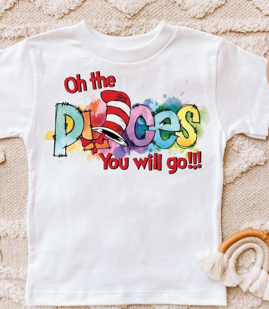 Oh The Places You'll Go T-Shirt with colorful, playful design on white cotton fabric.