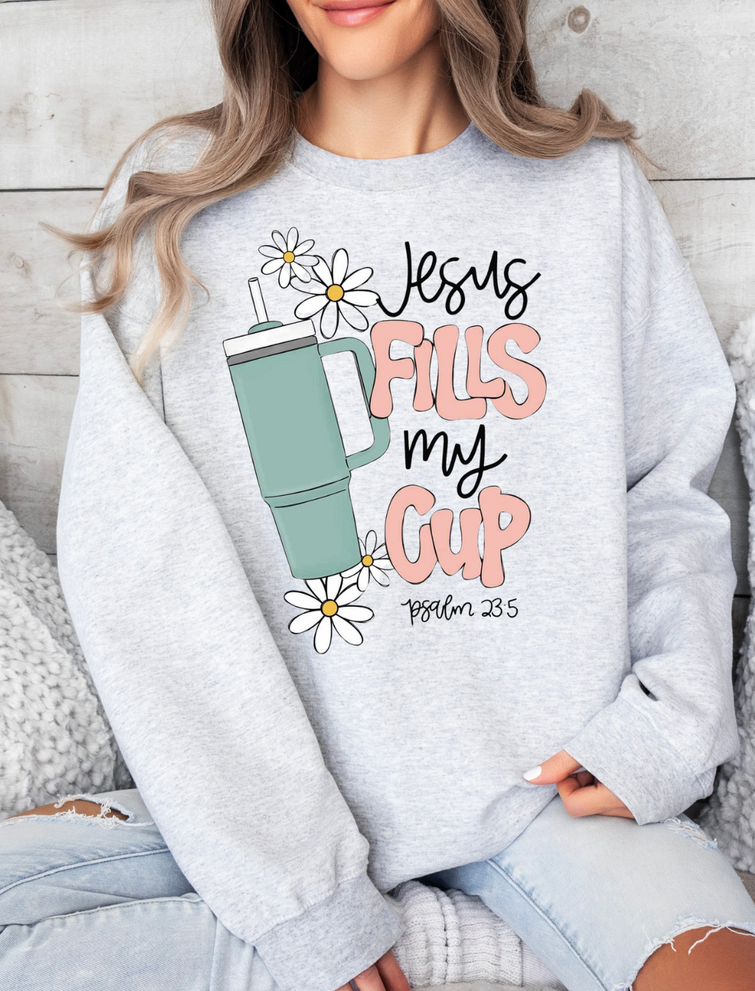 Jesus Fills My Cup T-shirt with humorous design and playful text.