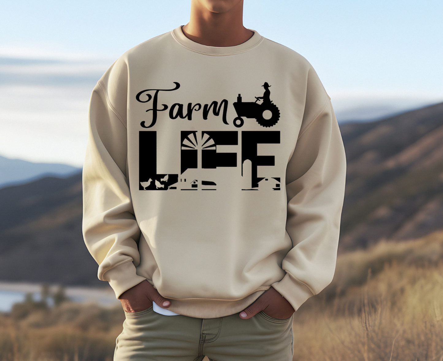 Farm Life t-shirt featuring playful farm-themed design against a scenic countryside backdrop.