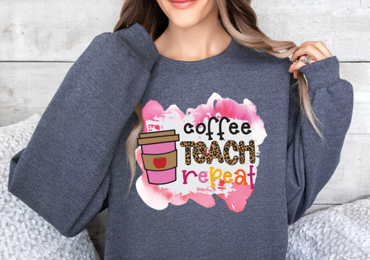 Gildan sweatshirt with "Coffee Teach Repeat" text and coffee cup graphic.