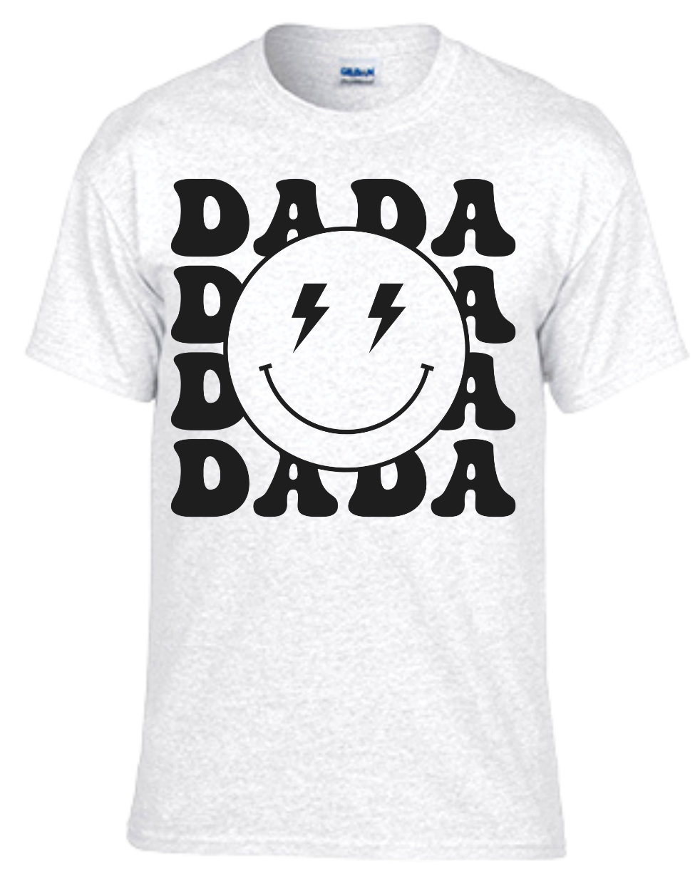 Dada Tshirt with playful Smiley Face design on white fabric.