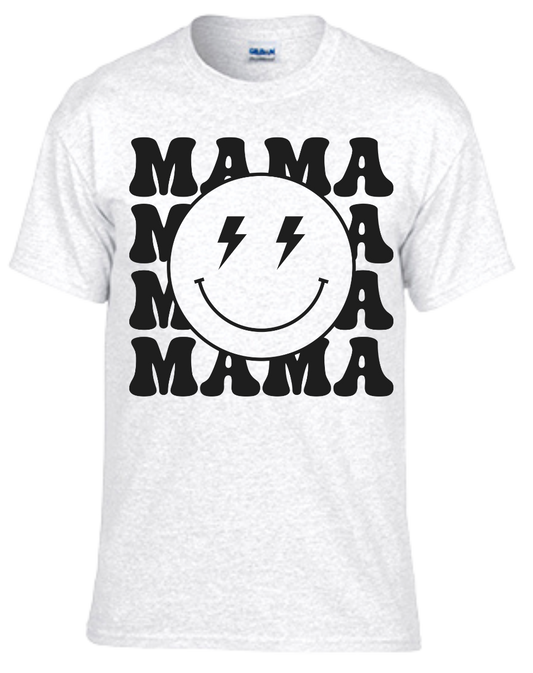 Mama T-shirt with smiley face design and playful lettering.