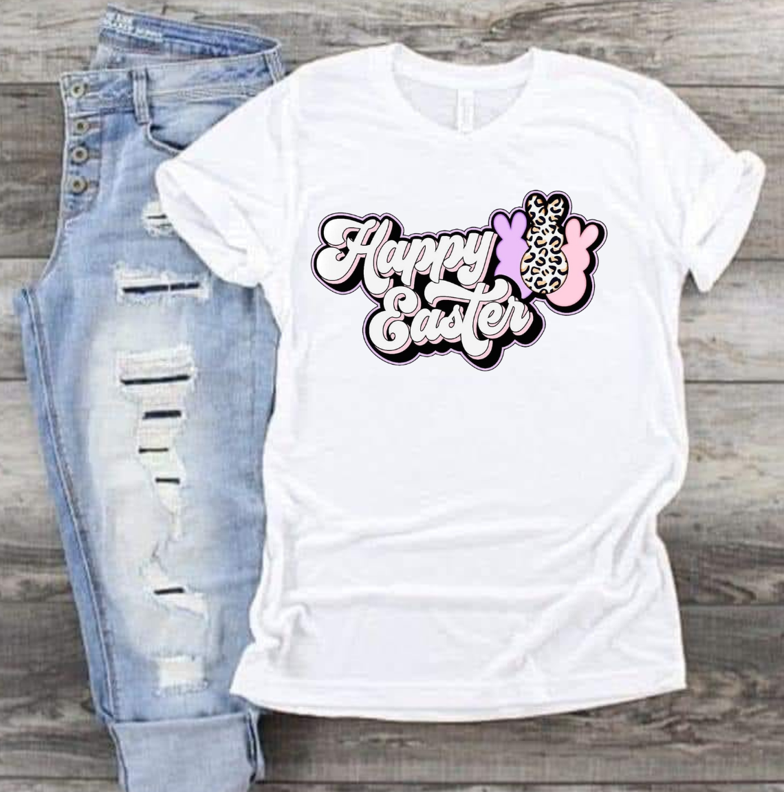 Happy Easter T-shirt with adorable bunny design, perfect for holiday celebrations.