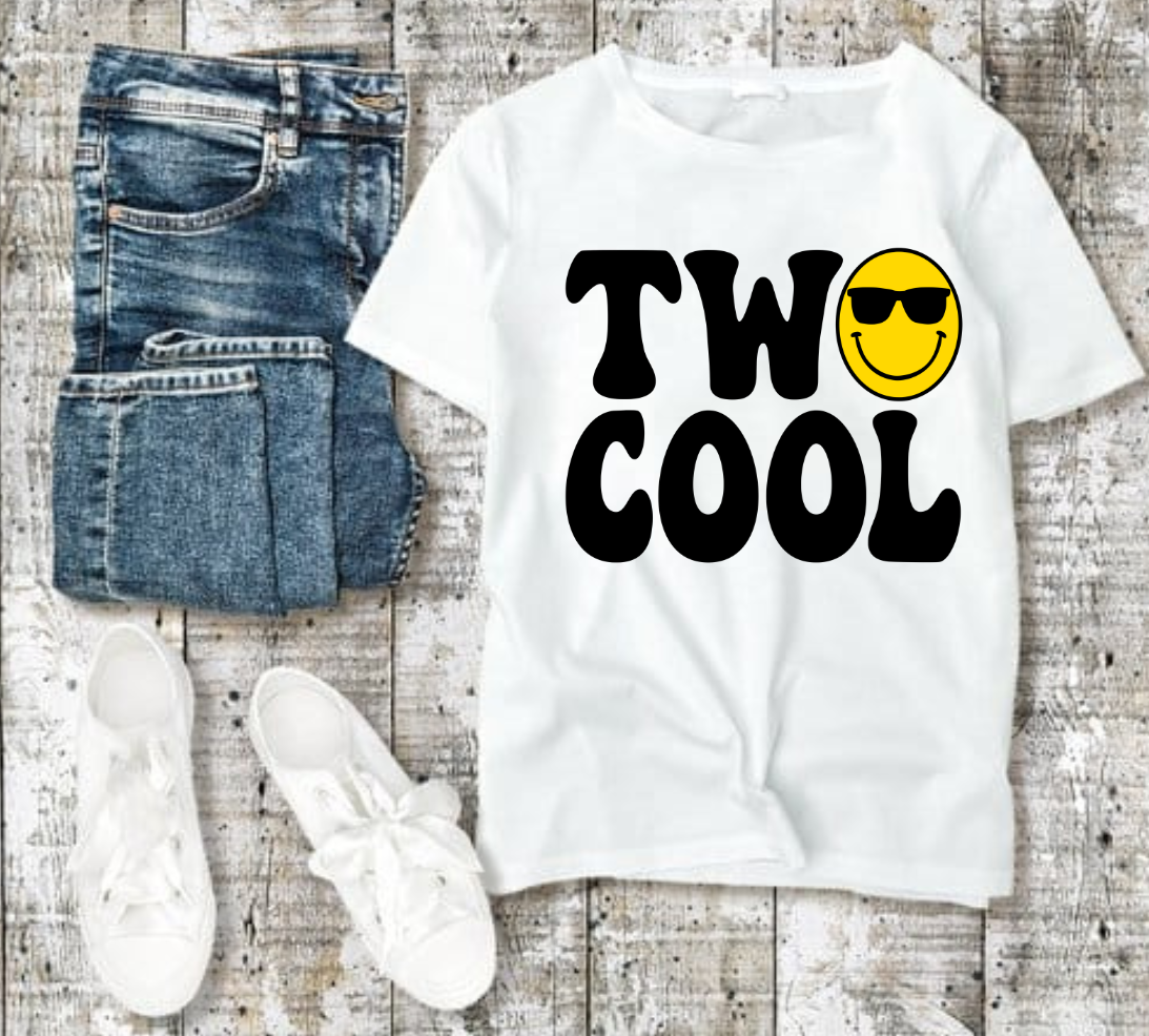 Two Cool t-shirt with smiley face design, perfect for casual style.