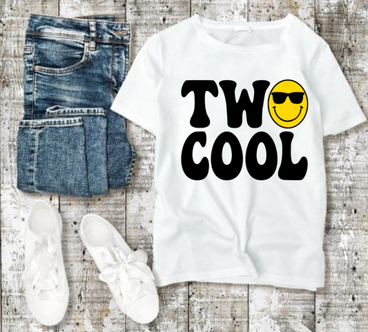 Two Cool t-shirt with smiley face design, perfect for casual style.
