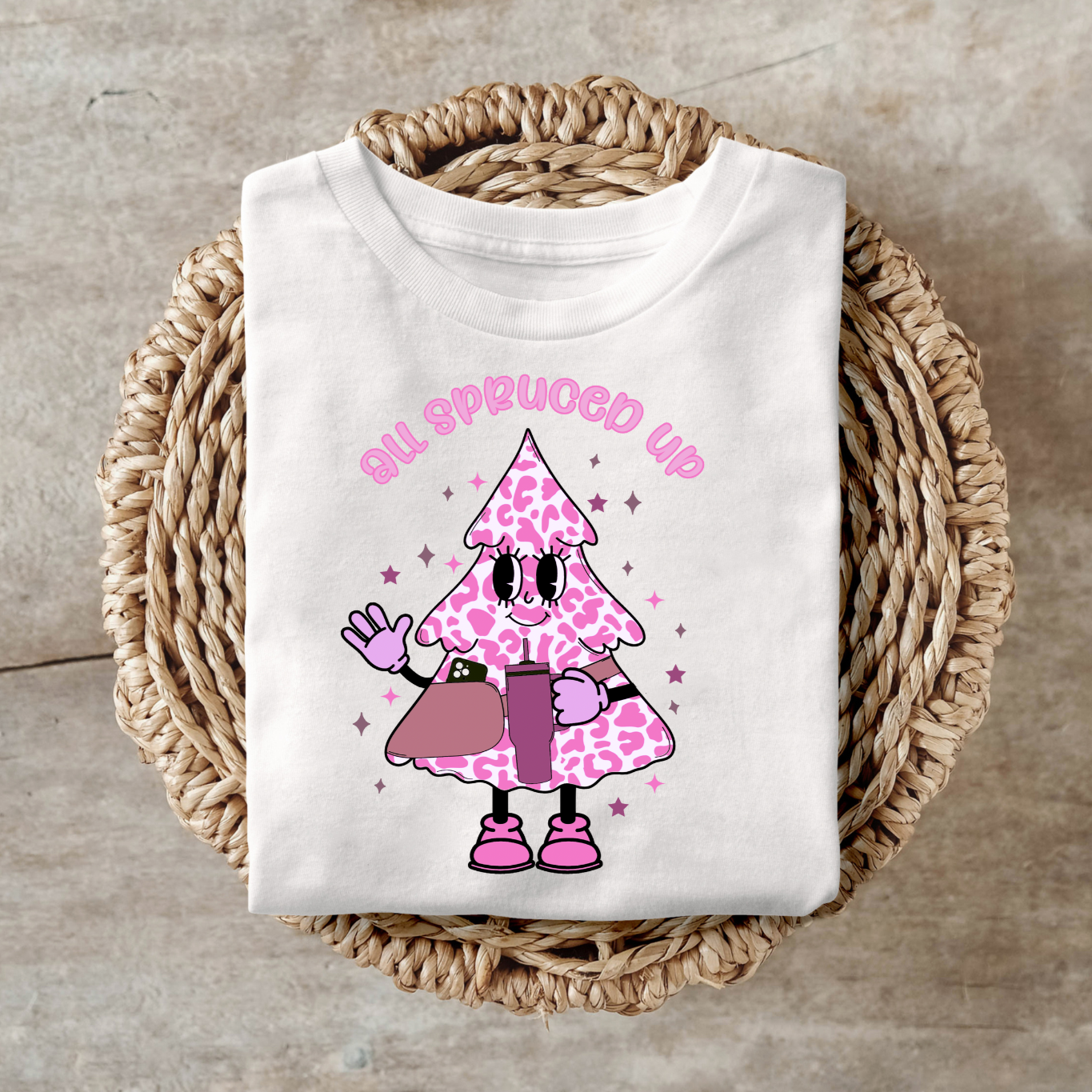 Festive "All Spruced Up" shirt with playful spruce tree design, perfect for Christmas.