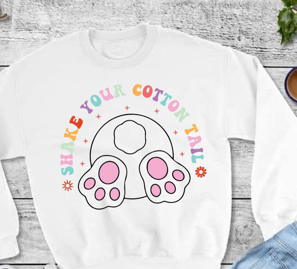 Gildan sweatshirt with "Shake Your Cotton Tail" graphic, featuring bunny tail design.