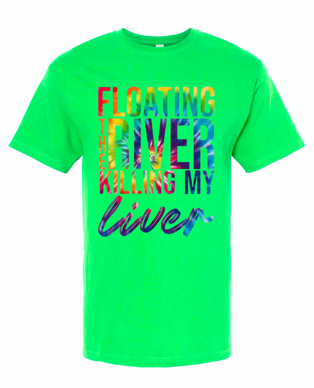 Green T-shirt with colorful "Floating The River" text design, Gildan brand, cotton blend.