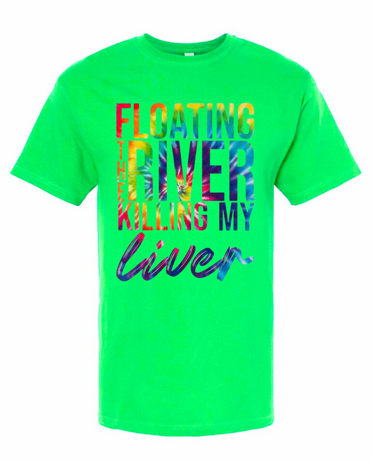 Green T-shirt with colorful "Floating The River" text design, Gildan brand, cotton blend.