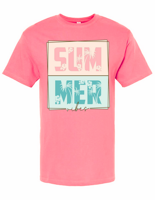 Summer Vibes T-shirt in pink, featuring tropical design, Gildan brand, 50/50 blend or 100% cotton options.