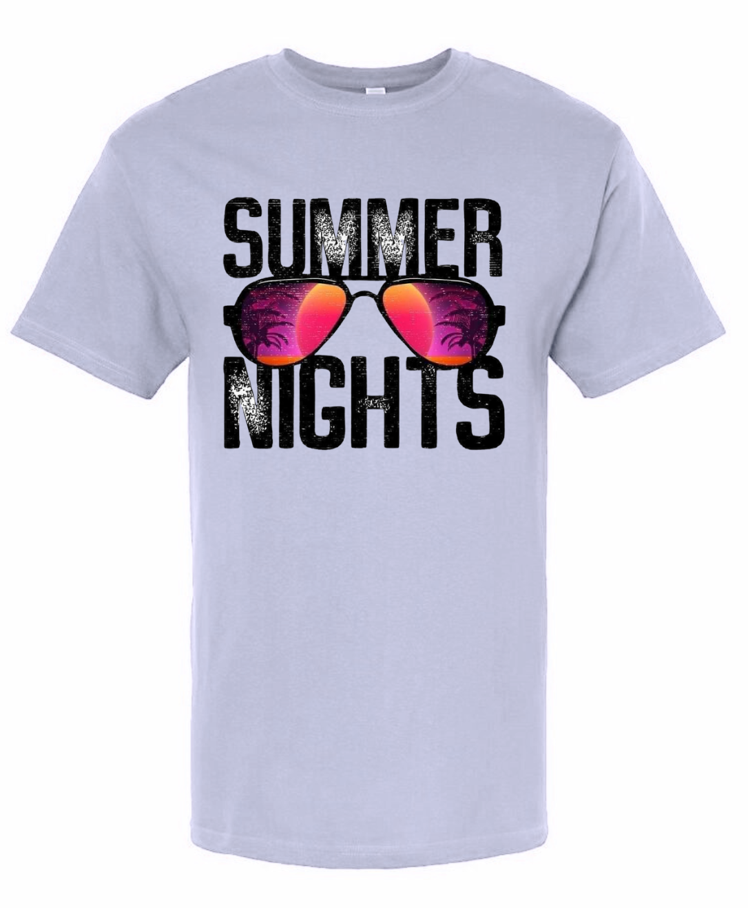 Summer Nights T-shirt with sunglasses graphic, Gildan brand, 50/50 blend or 100% cotton.