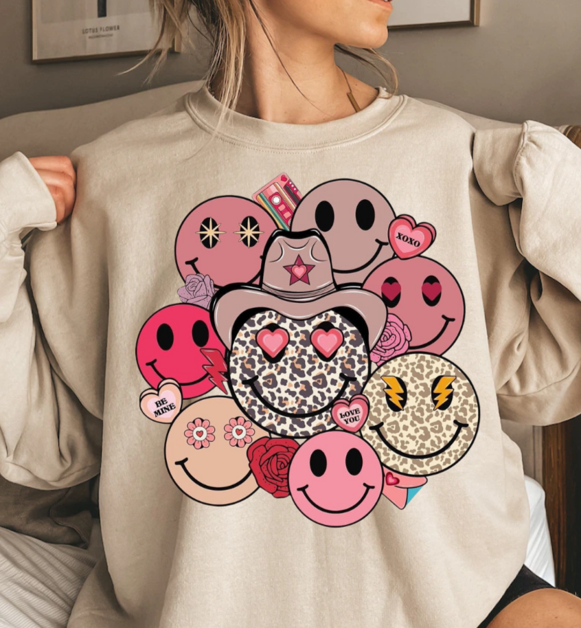 Smiles and Hearts sweatshirt with colorful smiley face design, Gildan 50/50 blend.
