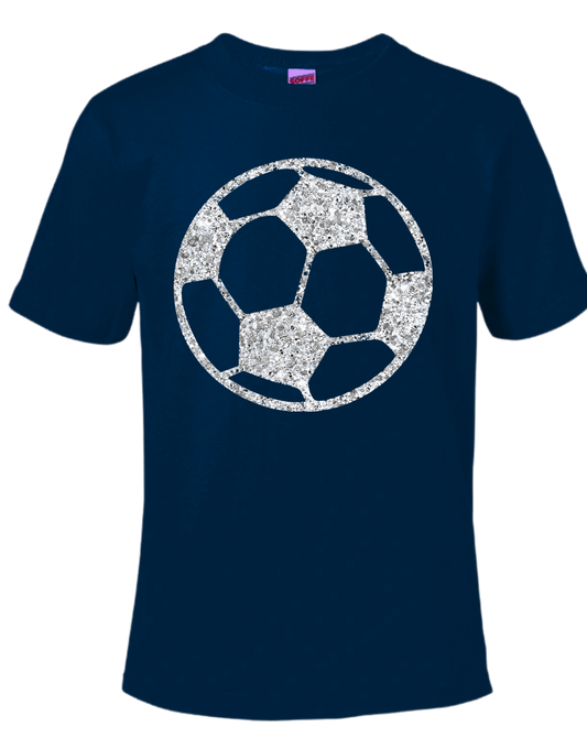 Soccer Tshirt with large soccer ball graphic on navy blue fabric.