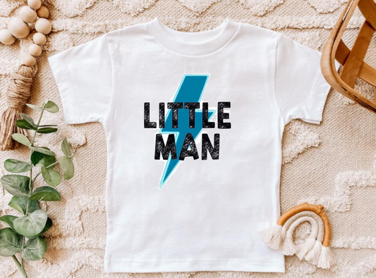 Infant and toddler "Little Man" shirt with blue lightning bolt design.