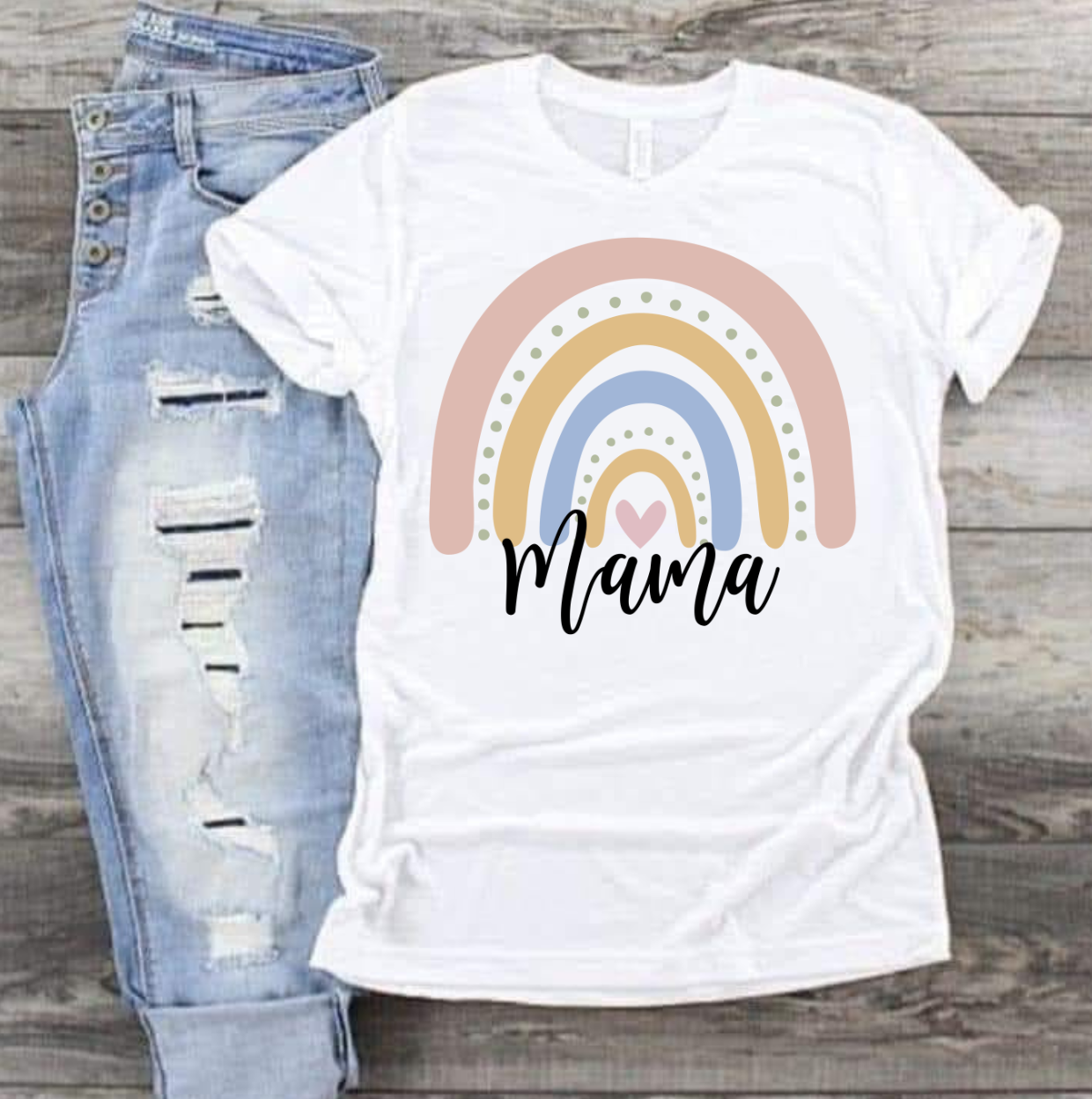 Mama- Rainbow shirt with colorful pastel rainbow design on white background.