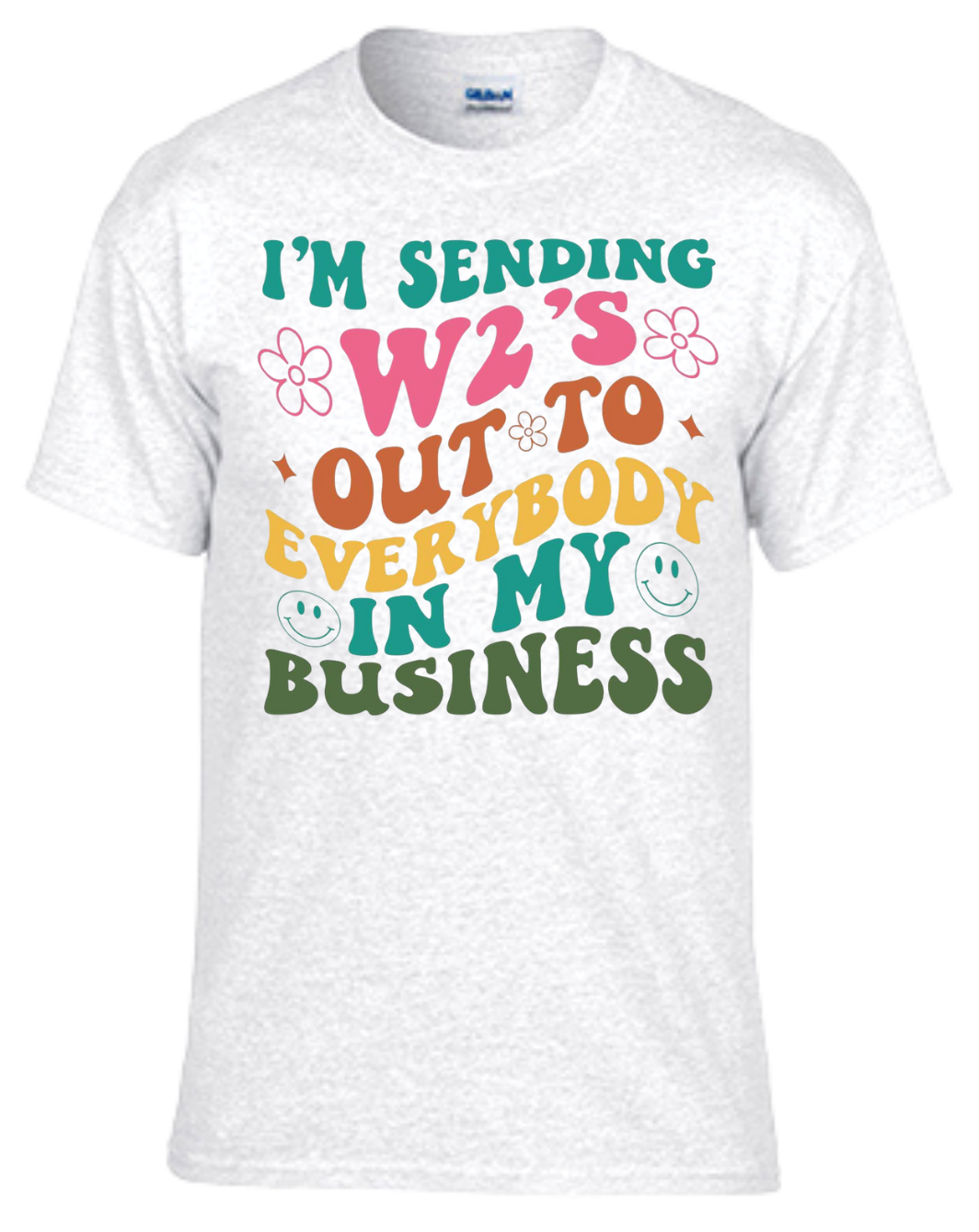 W-2's humorous t-shirt with colorful playful design.