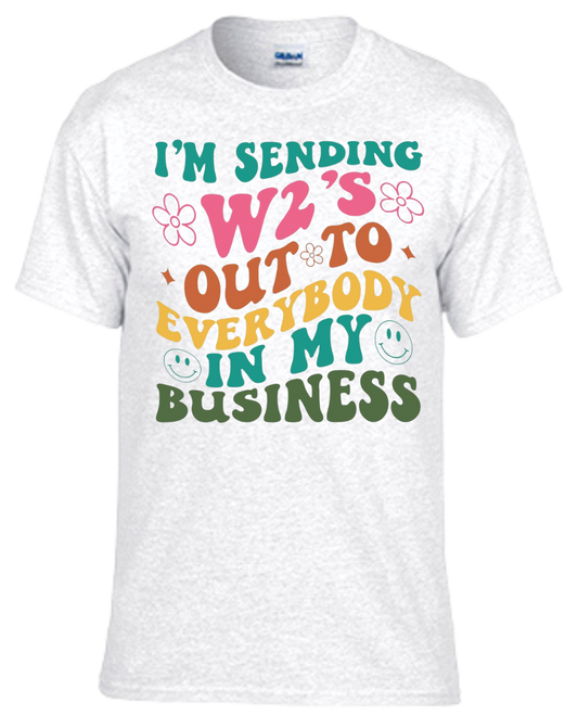 W-2's humorous t-shirt with colorful playful design.