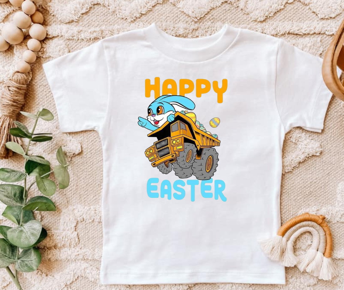 Happy Easter shirt with playful dump truck design.