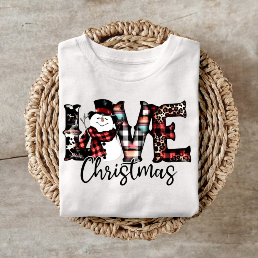 Love Christmas shirt with cheerful snowman design.