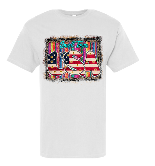 Small Town USA T-shirt with vibrant USA graphic design, perfect for showcasing small town charm.