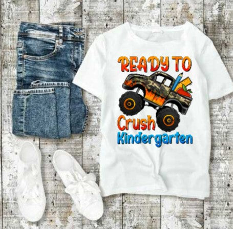 Kids' "Ready To Crush Kindergarten" tee with monster truck design.