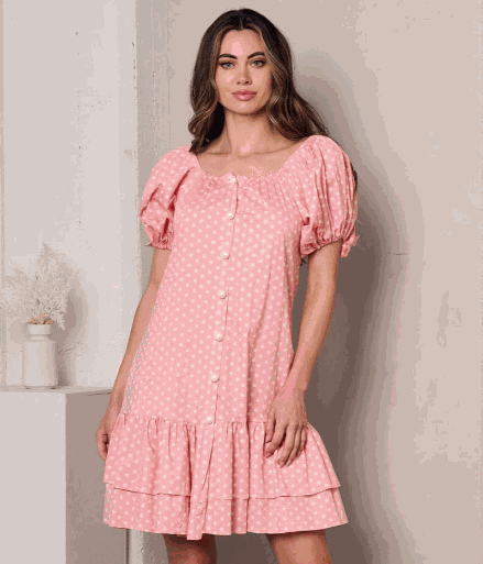 Women's short puff sleeve button-up polka dots mini dress with pearl buttons.
