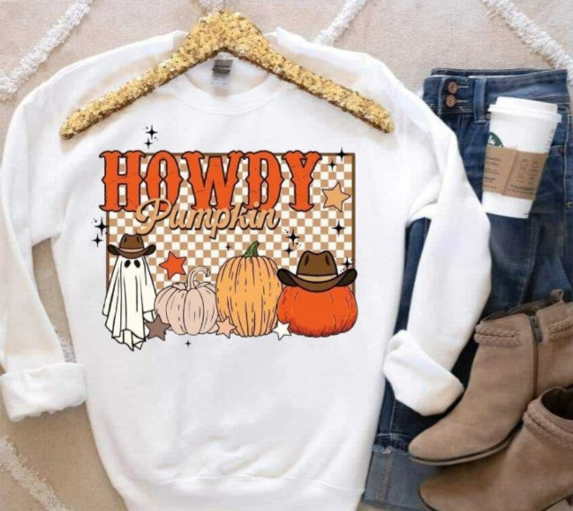 Howdy Pumpkin shirt with playful ghost and pumpkin design for Halloween.