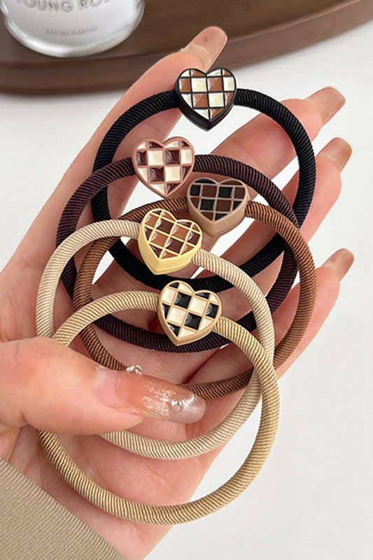 Checkered heart decor hair tie set in neutral colors, 5 pieces.