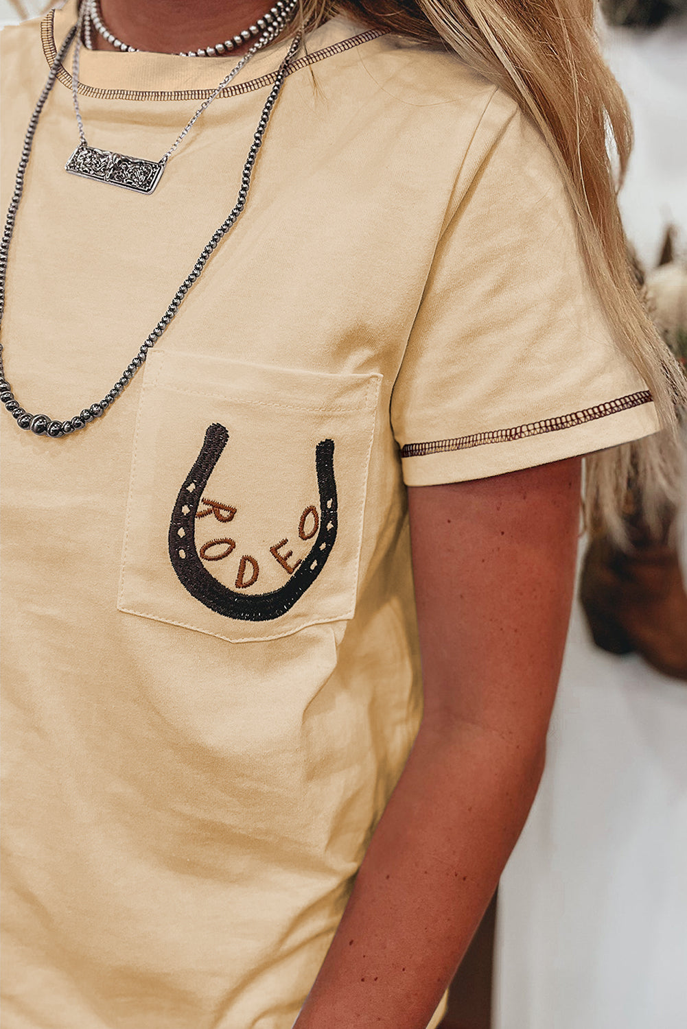 Graphic T-Shirt- RODEO Horseshoe Embroidered Patch Pocket