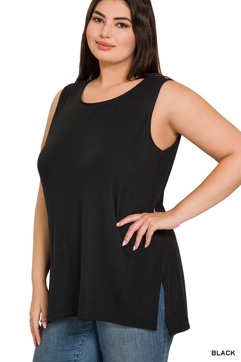 Plus size sleeveless round top with side slits and hi-low hem in black.