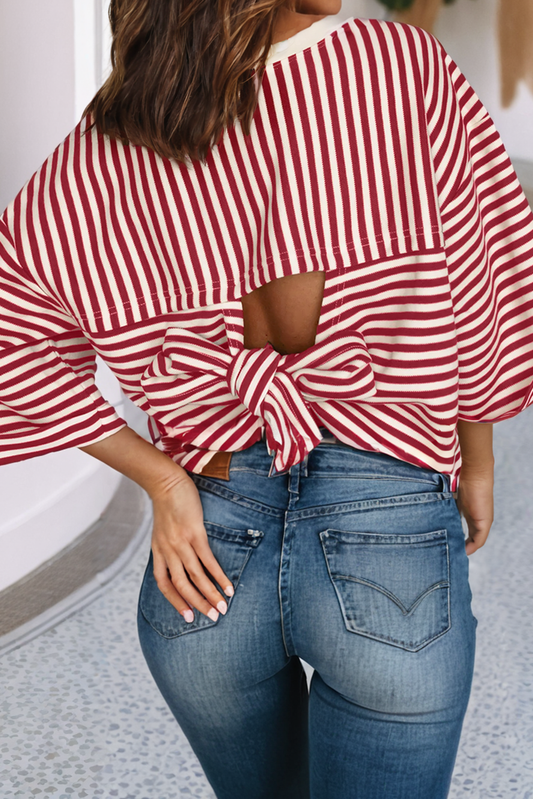 LDC Casual Shift Striped Round Neck T-Shirt with Bowknot Detail and Red Stripes