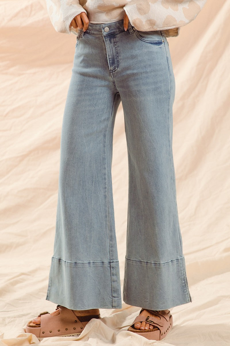 Wide Leg Flare Denim Jeans With Side Slits