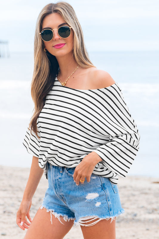 Stripe Half Sleeve Scoop Neck Loose Top