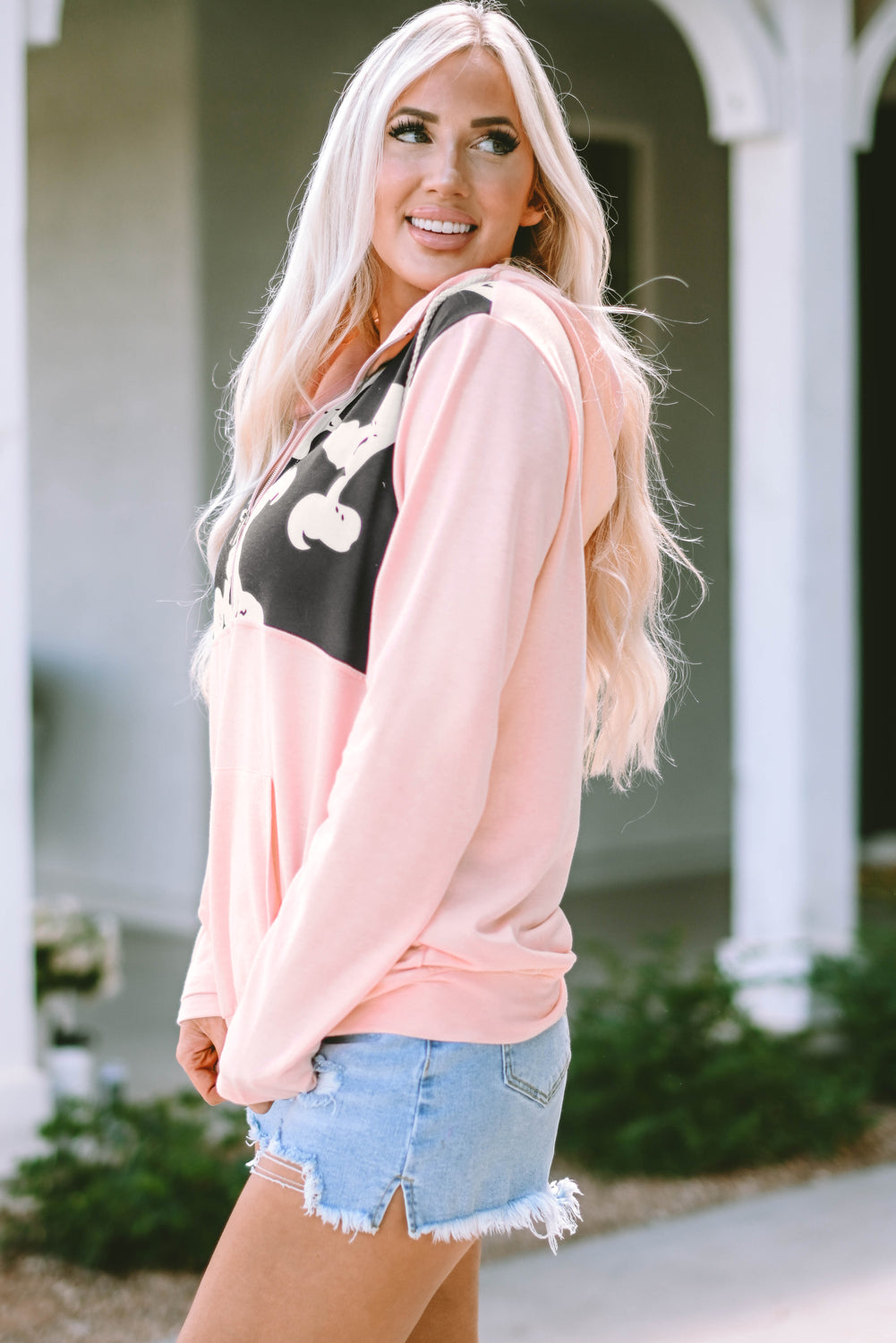Pink and Cow Print Half Zip Drawstring Hoodie
