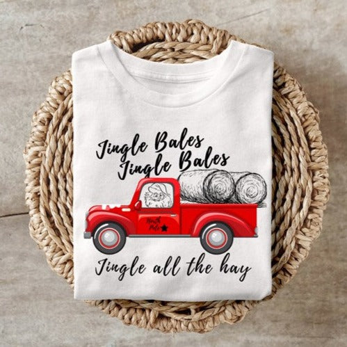 Jingle Bales sweatshirt with red truck and hay design, Gildan 50/50 blend.