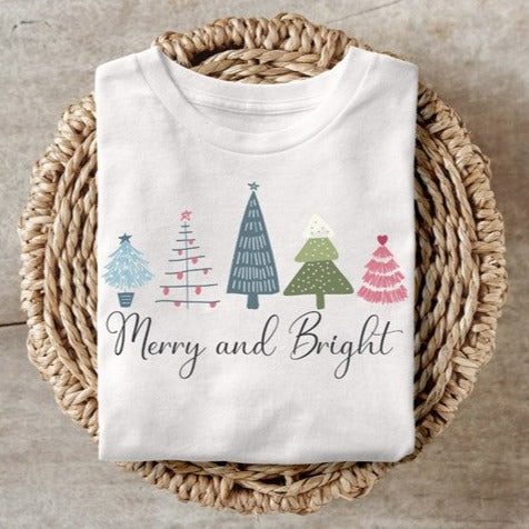 Merry and Bright sweatshirt with colorful Christmas tree design.