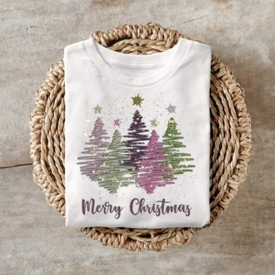 Merry Christmas purple and green sweatshirt with tree design, Gildan 50/50 blend.