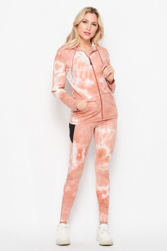 Tie Dye Active Jacket and Leggings Set with Pocket Detail