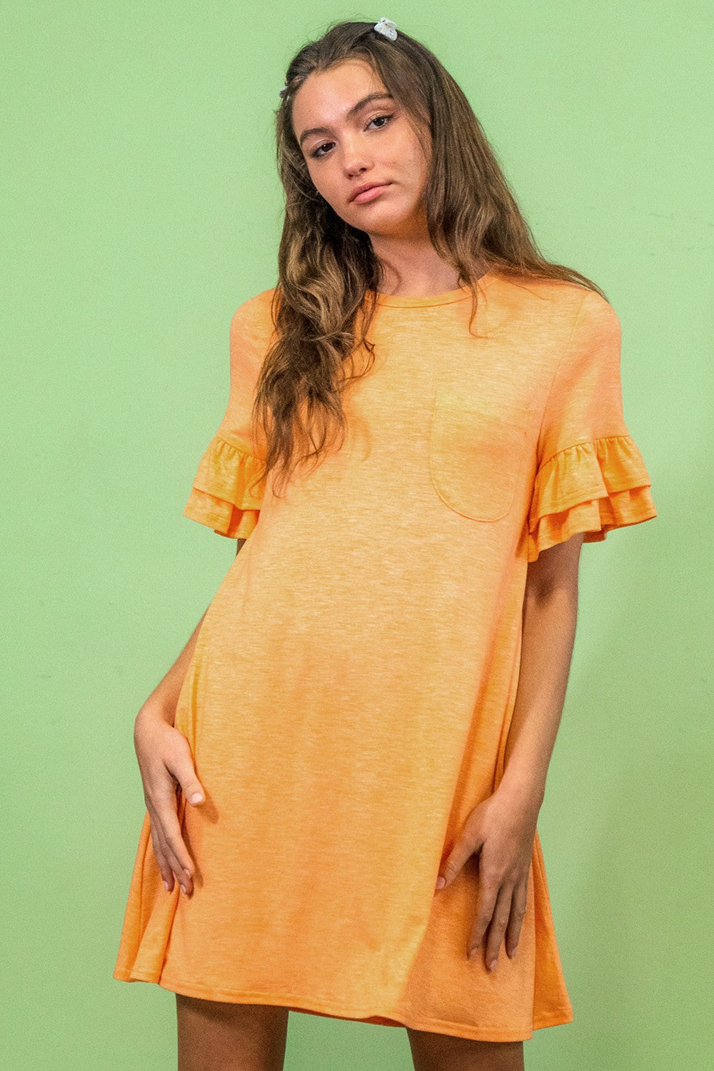 French Terry Ruffle Pocket Tee Shirt Dress
